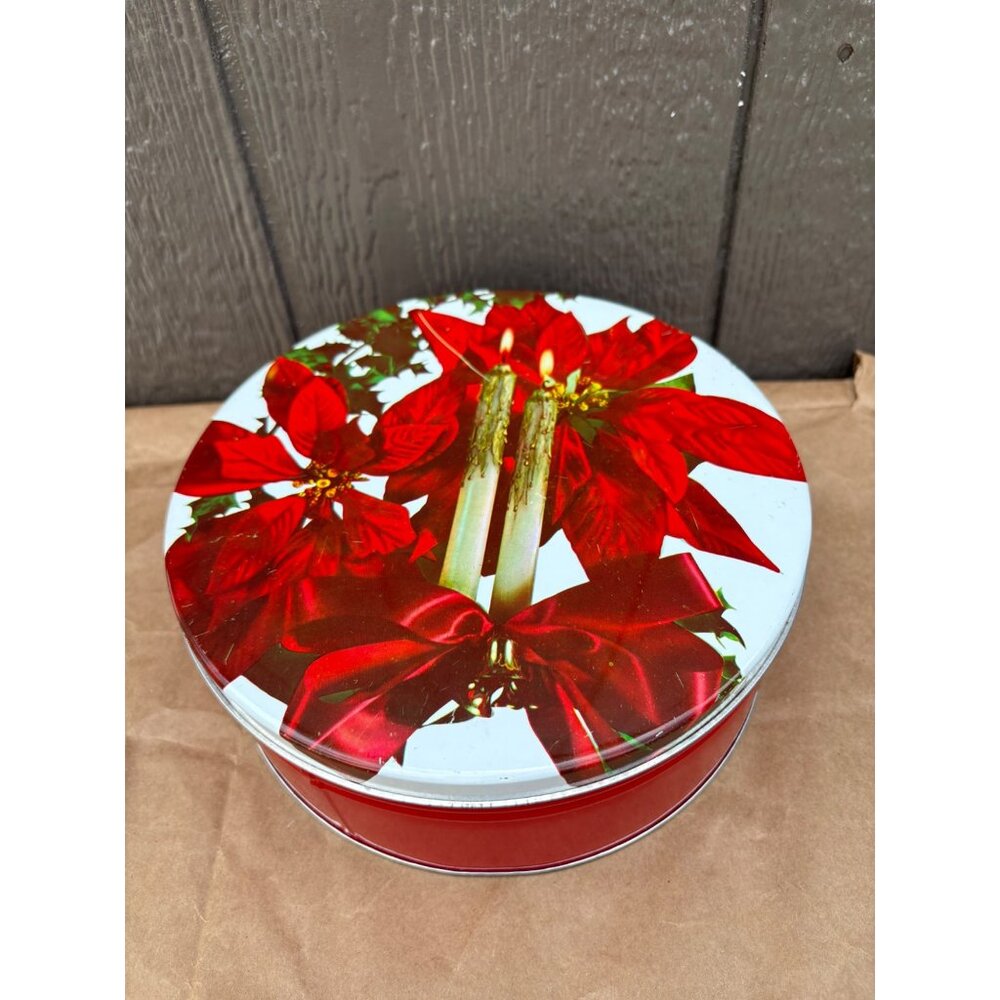 Vintage Red Holiday Tin With Poinsettias & Candle 8" D Winter Christmas